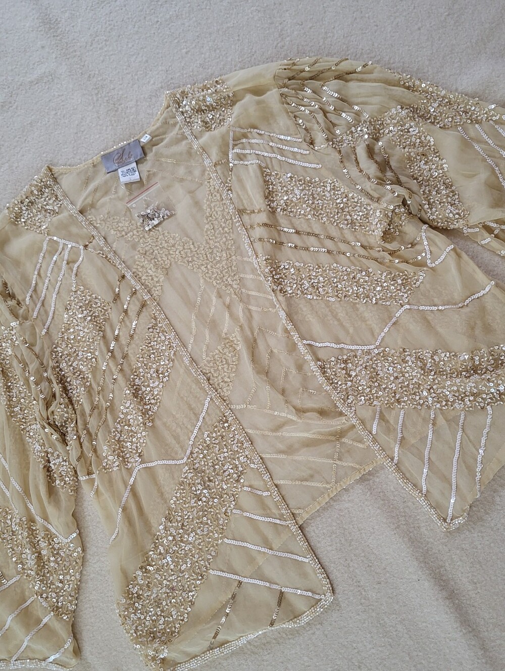 Silk Beaded Top Women's Size 22W Off White Sequin Open Cardigan Formal Wear
